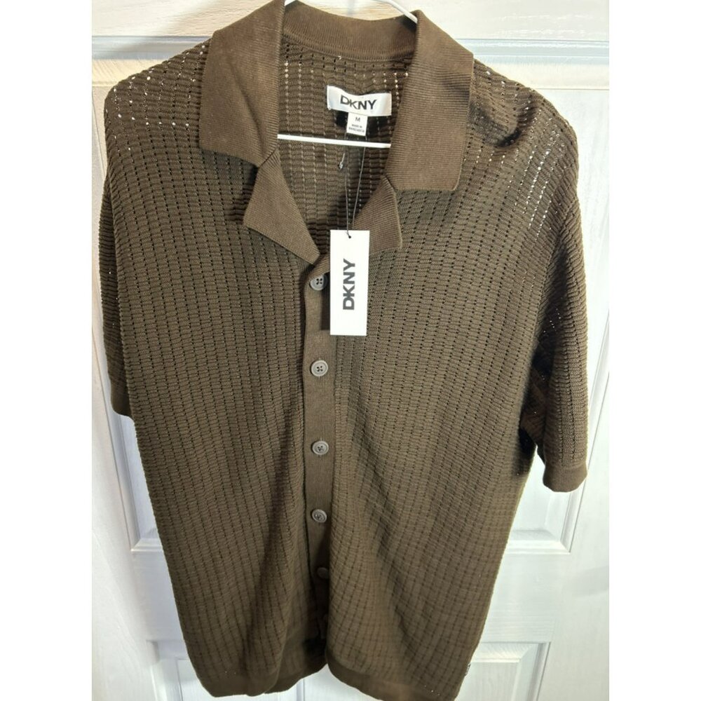 DKNY Men’s Cafe Brown Grid Sweater Shirt M Button-Up NWT | Designer Casual - Picture 1 of 6